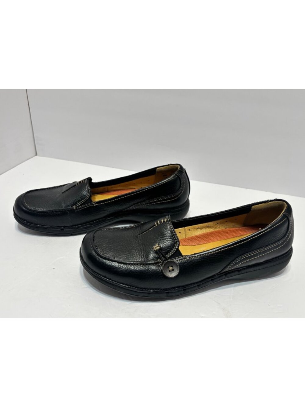 structured CLARKS 87570 Walking Shoes BLACK LEATHER Sz 10M Flats SLIP-ON LOAFERS - Picture 4 of 15